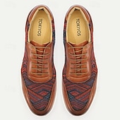 preiswerte Premium Leder Sneaker-braune Leder-Sneaker für Herren mit rot-blauem Webmuster – stylische und bequeme Schnürschuhe für den Alltag
