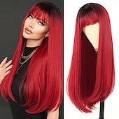 economico Parrucche da festa-parrucca lunga e dritta con frangia parrucche sintetiche a strati in fibra naturale resistente al calore per donne ragazze parrucche per feste di carnevale cosplay