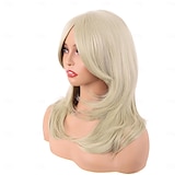 preiswerte Party Perücken-20 Zoll  50 cm lange gestufte Perücke mit Pony gerade synthetische Faser schulterlanges Haar für tägliche Nutzung oder Partyperücke (blond) Halloween-Perücken