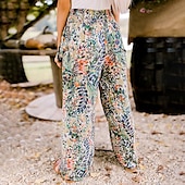 voordelige wijde pijpen en hoge taille-Dames Breed Been Broeken Modieus Lang Bloemig Breed Been Elastische tailleband Opdrukken Ademend Comfortabel Micro-elastisch Casual / Dagelijks Regenboog Lente zomer Ruim Passend