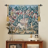 preiswerte Jacquardgewebte Wandteppiche-Jacquardgewebter Gobelin, Aubusson-Wandbehang, Jagd auf das Einhorn, belgischer Wandteppich, Webstuhl, Baumwollgewebe, Dekoration für Wohnzimmer und Schlafzimmer (ohne Stab und Quasten)