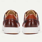 preiswerte Premium Leder Sneaker-braune Leder-Sneaker für Herren mit rot-blauem Webmuster – stylische und bequeme Schnürschuhe für den Alltag