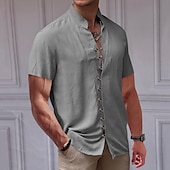 cheap Business Casual-Men&#039;s Shirt Linen Shirt Chinese Collar Shirt Mandarin Collar Shirt Casual Shirt Button Up Shirt Plain Vacation Street Black White Pink Khaki Short Sleeve Grandad Collar Summer Clothing Apparel