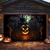 billige Halloween garasjeportdeksel-halloween dørdekorasjoner utendørs halloween garasjedørdeksel jack o lanterne gresskar slott banner skummel skog stort bakteppe dekorasjon for ferie utendørs garasjedør hjem veggdekorasjoner