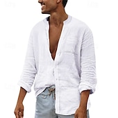 economico camicia da uomo con bottoni-Per uomo Camicia Camicia Estiva Camicia casual Camicia da Spiaggia Camicia con Bottoni Nero Bianco Blu marino Marrone Kaki Manica Lunga Semplice Colletto alla coreana Vacanza Camicia hawaiana Tasca