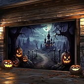 billige Halloween garasjeportdeksel-halloween dørdekorasjoner utendørs halloween garasjedørdeksel jack o lanterne gresskar slott banner skummel skog stort bakteppe dekorasjon for ferie utendørs garasjedør hjem veggdekorasjoner