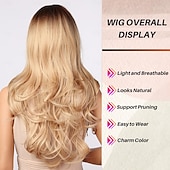 cheap Synthetic Trendy Wigs-Blonde Wig with Bangs - Long Wavy Ombre Curtain Bang Wigs for White Women, Light Ash Blond Dark Roots Synthetic Heat Resistant Hair, Natural Cute Strawberry Wigs for Halloween/Christmas