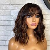 baratos Perucas de seda frontais de cabelo natural-Cabelo humano remy 13x4 Lace Front Peruca Bob curto Franja Lisa Cabelo Brasileiro Ondulado Multi Cores Peruca 130% 150% Densidade do Cabelo Cabelo com Luzes / Reflexos 100% Virgem Sem cola