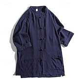 economico Casual da lavoro-Per uomo Camicia camicia di lino Camicia con colletto cinese Camicia con colletto alla coreana Maglietta informale Camicia di cotone Liscio Da mare Strada Nero Bianco Blu Beige Maniche a 3/4 Alla