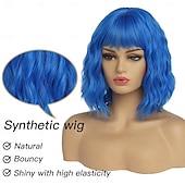 abordables Perruques de fête-perruques courtes pour femmes perruque bob ondulée avec frange cheveux synthétiques de longueur moyenne vague d&#039;eau racines foncées perruque carnaval cosplay perruques de fête