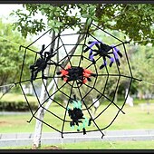 economico Halloween 2024-ragnatela di halloween + decorazioni ragno ragno finto con enorme ragnatela triangolare per decorazioni di halloween per interni ed esterni cortile costumi per la casa feste decorazioni per la casa