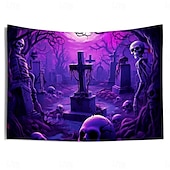 baratos tapeçarias de parede de halloween-Tecido de Halloween Caveiras Tecido de Luz Negra Reativo UV Brilho no Escuro Cemitério Nebuloso Pendurado Arte de Parede Mural para Sala de Estar Quarto