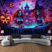 Halloween Decorations Pumpkin Blacklight Tapestry UV Reactive Glow in the Dark Trippy Misty Hanging Tapestry Wall Art Mural for Living Room Bedroom Poison Witch 21
