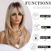 cheap Party Wigs-Ombre Blonde Brown Wine Red Wig with Bangs Natural Medium Length Straight Wigs for Women Heat Resistant Fiber Synthetic Wigs for Daily Cosplay Halloween Wigs