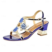 cheap Dress Sandals-Blue Women&#039;s Sandals with Decorative Flower Embellishments and Mid Heel for Elegant and Special Occasions