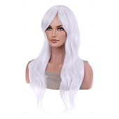 economico Parrucche da festa-Parrucche lunghe 28 pollici 70 cm capelli ricci e ondulati parrucche resistenti al calore per le feste di Halloween e cosplay bianche puro