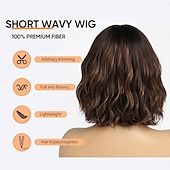 economico Parrucche da festa-Parrucche Corte Marrone con Colore Ombre per Donne Parrucca Ombre Marrone Scuro Mista con Colore Dorato con Frange Parrucca a Bob Sintetica di Larghezza Media Colorate Parrucche di Halloween