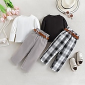 preiswerte Sets-Mädchen 3D Feste Farbe Plaid T-Shirt &amp; Hose Set Langarm Sommer Brautkleider schlicht Streetstyle Baby 1-5 Jahre Rundhalsausschnitt Outdoor Lockere Passform