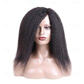 cheap Human Hair Capless Wigs-Human Hair Wig Short Medium Length kinky Straight Yaki Straight Side Part With Bangs Black Natural Color Natural Black Women Adjustable Thick Machine Made Capless Brazilian Hair All Natural Black #1B