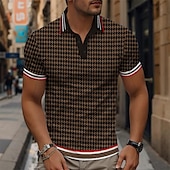 billige Geometrisk polo for menn-Herre Ruter Vaffel poloskjorter Golf skjorte Kortermet Poloskjorter Skjorter med krage Årgang Fritid Ferieklær Formell klær Festivalklær Knapper 3D-utskrift Sommer Svart Kakifarget