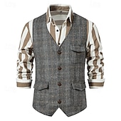 cheap Men&#039;s Vest-Men&#039;s Vest Gilet Wedding Event / Party Daily Fashion Business Spring &amp; Summer Button Pocket Polyester Comfortable Plaid Double Breasted Lapel Regular Fit Light Grey Dark Gray Coffee Vest