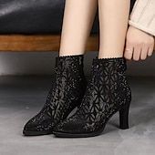 cheap Ankle Boots-Women's Black Mesh Ankle Boots with Rhinestone Embellishments – Elegant High-Heel Design for Party and Evening Wear