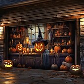 billige Halloween garasjeportdeksel-halloween dørdekorasjoner utendørs halloween garasjedørdeksel jack o lanterne gresskar slott banner skummel skog stort bakteppe dekorasjon for ferie utendørs garasjedør hjem veggdekorasjoner