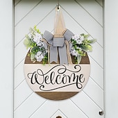 cheap Wreaths &amp; Garlands-1pc Crafting 12 Inches Welcome Sigh For Front Door Big Wooden Wreath Welcome Wreath Farmhouse Front Door Decoration Housewarming Gift for Home Outdoor Indoor
