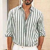 preiswerte Business Casual-Herren Hemd Weißes Baumwollhemd Freizeithemd Baumwoll-Leinen-Hemd Gestreifte Hemden Gestreift Urlaub Hawaiianisch Schwarz Rosa Rote Marineblau Langarm Umlegekragen Frühling &amp; Herbst Bekleidung