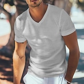billige Vaffelstrikket T-skjorte-Herre Vaffel Henley-skjorte T-skjorte Kortermet V-hals Sommer Helfarge Mote Designer Bekvem Knapper utendørs Avslappet Daglig Hvit Kakifarget Topp T-skjorte for menn