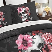 baratos Quarto de Halloween-Conjunto de capa de edredom com caveira floral de Halloween – inclui capa de edredom e fronhas – design assustador e festivo – tecido macio e confortável – perfeito para decoração de casa de Halloween