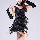 お買い得  ラテンダンスウェア-ラテンダンス ドレス タッセル スプライシング スパンコール 女性用 性能 訓練 ノースリーブ ハイウエスト ポリエステルタフタ