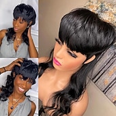 economico Parrucche di capelli veri senza cuffia-parrucca a coda di rondine dell&#039;onda del corpo dei capelli umani parrucche corte pixie cut parrucche brasiliane senza colla per capelli umani per le donne parrucca nera fatta a macchina con la