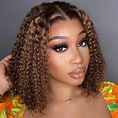 voordelige Pruiken van echt haar, met kanten voorzijde-Onverwerkt maagd haar 4x13 Sluiting Pruik Korte bob Braziliaans haar Diep krullend Afro Kinky Curly Oranje Bordeaux Meerkleurig Pruik 130% 150% 180% Haardichtheid met babyhaar Haar met highlights