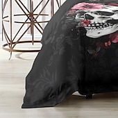baratos Quarto de Halloween-Conjunto de capa de edredom com caveira floral de Halloween – inclui capa de edredom e fronhas – design assustador e festivo – tecido macio e confortável – perfeito para decoração de casa de Halloween