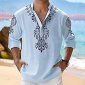 Men's Shirt Button Up Shirt Henley Shirt Long Sleeve Tribal Fashion Casual Beach Vacation Causal Casual Summer Spring & Fall Mandarin Collar Band Collar Buttons Print White Yellow Blue Beige 8