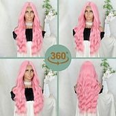 economico Parrucche da festa-Parrucca Lunga e Riccia per Donne Parrucca Sintetica Lunga e Riccia con Parte Centrale Parrucche Cosplay di Halloween