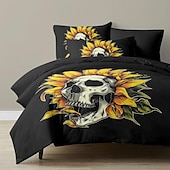 baratos Quarto de Halloween-Conjunto de capa de edredom com caveira floral de Halloween – inclui capa de edredom e fronhas – design assustador e festivo – tecido macio e confortável – perfeito para decoração de casa de Halloween