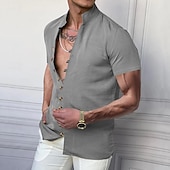 cheap Business Casual-Men&#039;s Shirt Linen Shirt Chinese Collar Shirt Mandarin Collar Shirt Casual Shirt Button Up Shirt Plain Vacation Street Black White Pink Khaki Short Sleeve Grandad Collar Summer Clothing Apparel