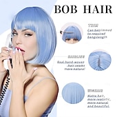 abordables Perruques de fête-Perruque bob bleu clair avec des bangs courte perruque droite bleue pour femmes cheveux mi-longs colorés perruque synthétique pour usage quotidien fête cosplay 12 pouces perruques Halloween