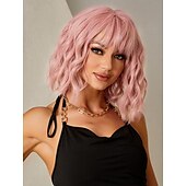 economico Parrucche da festa-parrucca sintetica riccia rimbalzante parrucca con frangia ordinata 12 pollici rosa capelli sintetici parrucche rosa da carnevale da donna