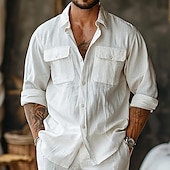 baratos Camisas Elite Masculinas-Homens Branco Manga Longa Gola Dobrada Verão Primavera &amp; Outono Roupa