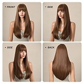 baratos Perucas Sintéticas sem Touca-Perucas sintéticas Liso Franja Lisa Com Franjas Peruca 26 polegadas Sépia Cabelo Sintético Mulheres Cabelo Ombre Confortável Com franja Marrom