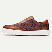 preiswerte Premium Leder Sneaker-braune Leder-Sneaker für Herren mit rot-blauem Webmuster – stylische und bequeme Schnürschuhe für den Alltag