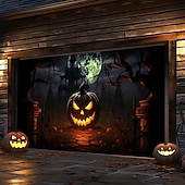 billige Halloween garasjeportdeksel-halloween dørdekorasjoner utendørs halloween garasjedørdeksel jack o lanterne gresskar slott banner skummel skog stort bakteppe dekorasjon for ferie utendørs garasjedør hjem veggdekorasjoner