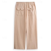 cheap Classic-Men&#039;s Linen Pants Trousers Summer Pants Beach Pants Pocket Drawstring Elastic Waistband Plain Comfort Breathable Full Length Daily Streetwear Fashion Casual / Sporty Loose Fit Dark Khaki Black