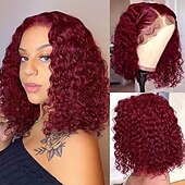 voordelige Pruiken van echt haar, met kanten voorzijde-Onverwerkt maagd haar 4x13 Sluiting Pruik Korte bob Braziliaans haar Diep krullend Afro Kinky Curly Oranje Bordeaux Meerkleurig Pruik 130% 150% 180% Haardichtheid met babyhaar Haar met highlights