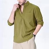 economico Casual da lavoro-Per uomo Camicia camicia di lino Camicia con colletto cinese Camicia con colletto alla coreana Camicia popover Maglietta informale Tinta unica Da mare Hawaiano Nero Bianco Verde Cachi Manica lunga