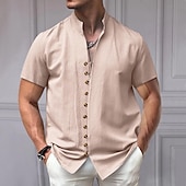 cheap Business Casual-Men&#039;s Shirt Linen Shirt Chinese Collar Shirt Mandarin Collar Shirt Casual Shirt Button Up Shirt Plain Vacation Street Black White Pink Khaki Short Sleeve Grandad Collar Summer Clothing Apparel