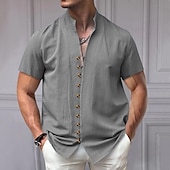 cheap Business Casual-Men&#039;s Shirt Linen Shirt Chinese Collar Shirt Mandarin Collar Shirt Casual Shirt Button Up Shirt Plain Vacation Street Black White Pink Khaki Short Sleeve Grandad Collar Summer Clothing Apparel